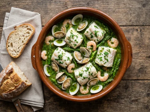 Merluza en Salsa Verde Tradicional con Almejas y Gambones