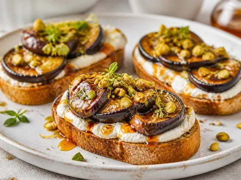 Tostas De Berenjena Asada Con Crema De Feta, Miel Picante Y Pistachos