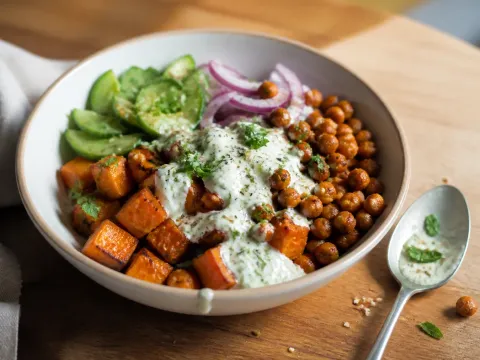 Bowl De Boniato En Airfryer Con Garbanzos Crujientes Y Yogur De Limón