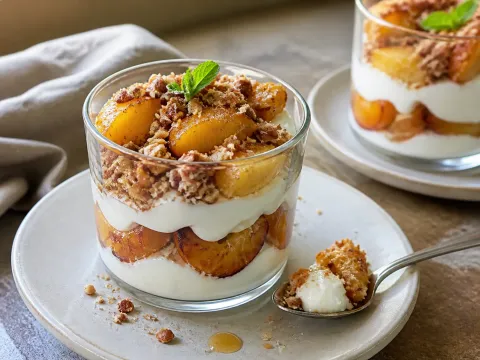 Vasitos De Yogur Griego Con Melocotón Asado Y Crumble De Almendra