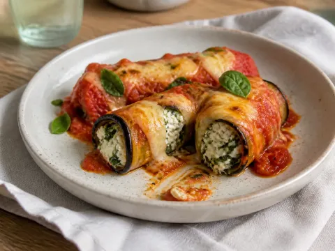 Canelones De Berenjena Con Ricotta, Espinacas Y Tomate Asado