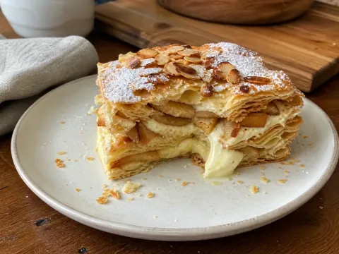 Milhojas Crujiente De Manzana Asada, Crema De Vainilla Y Almendra