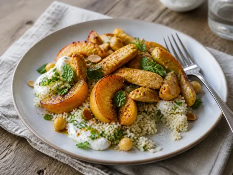 Ensalada Templada De Pollo Especiado, Melocotón A La Plancha Y Couscous De Hierbas