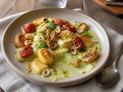 Ñoquis Dorados Con Crema De Calabacín, Tomates Asados Y Avellanas