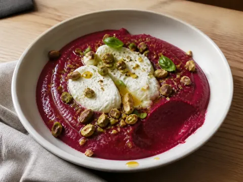 Salmorejo De Remolacha Con Burrata, Pistachos Y Albahaca