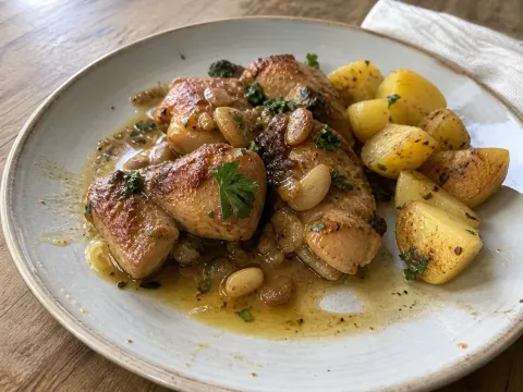 Pollo Al Ajillo Tradicional Con Patatas Doradas