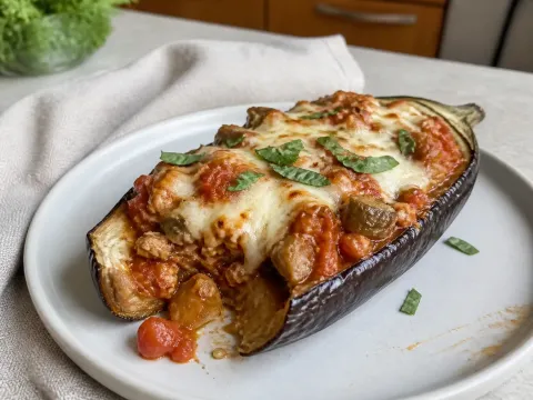 Berenjenas Rellenas De Pollo Y Mozzarella En Freidora De Aire