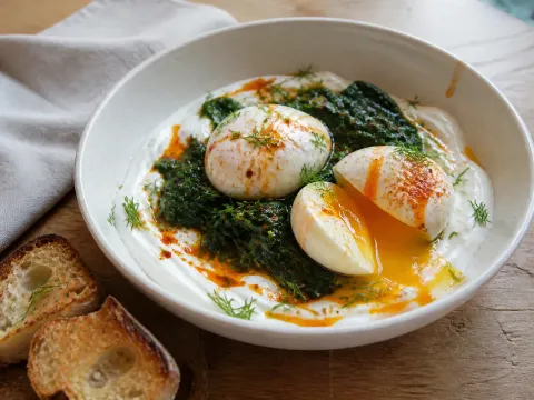 Huevos Turcos Con Yogur, Espinacas Y Pan Crujiente