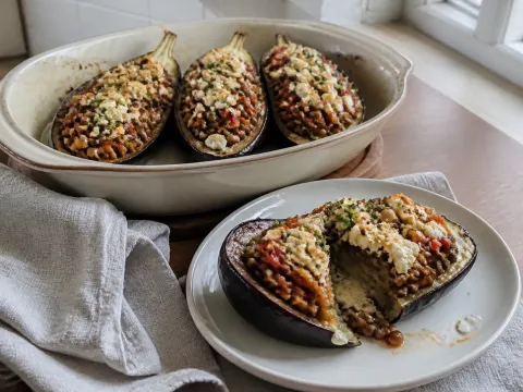 Berenjenas Rellenas De Lentejas, Tomate Y Feta