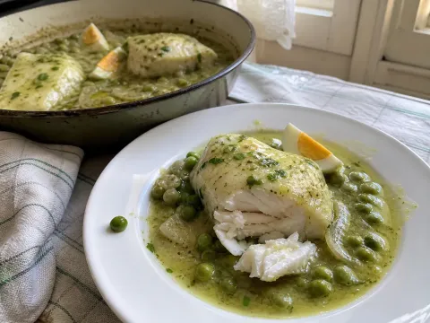 Merluza En Salsa Verde Con Guisantes Y Huevo Cocido