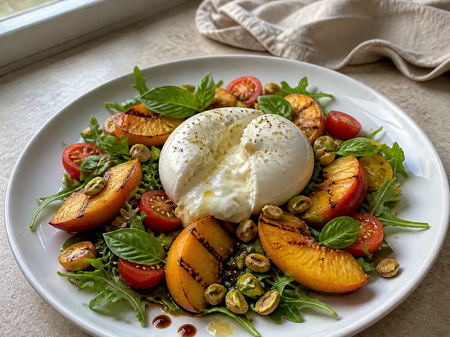Ensalada De Burrata, Melocotón Y Pistachos