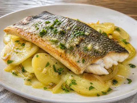 Lomo De Lubina Al Horno Con Patatas Panadera Y Ajada De Limón