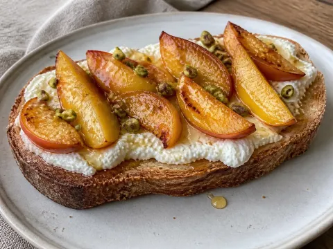 Tostada De Ricotta Con Melocotón Asado, Miel Y Pistachos