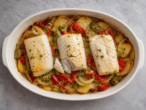 Lomos De Merluza Al Horno Sobre Patatas Panadera Y Pimientos