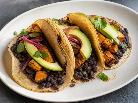 Tacos Crujientes De Frejoles Negros, Boniato Y Aguacate