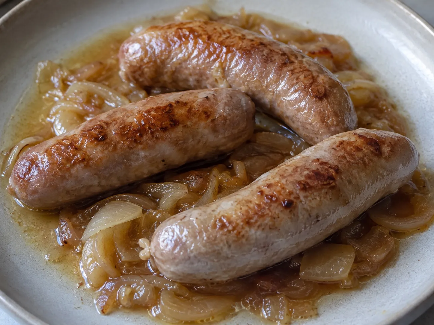 Salchichas Frescas Al Vino Blanco Con Cebolla