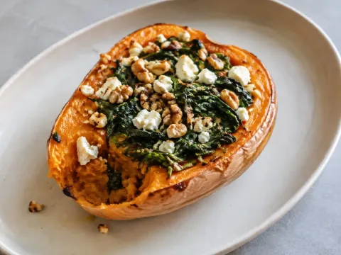 Calabaza Rellena De Espinacas, Feta Y Nueces En Airfryer