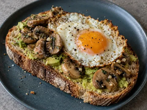 Tosta De Aguacate, Huevo A La Plancha Y Champiñones Al Ajo