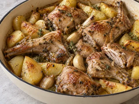 Conejo Al Ajillo Con Patatas Y Tomillo