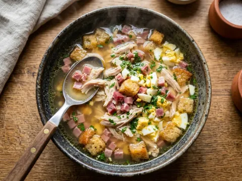 Sopa De Picadillo Tradicional Andaluza De Pollo Y Jamón