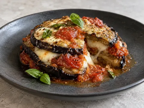 Milhojas Salado De Berenjena, Tomate Y Mozzarella