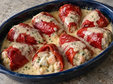 Pimientos Del Piquillo Rellenos De Merluza Y Gambas