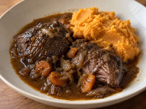 Carrilleras A La Cerveza Negra Con Puré De Boniato