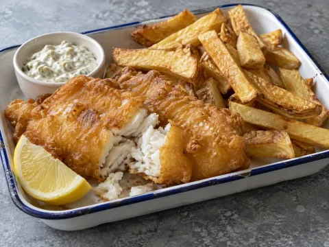 Fish &amp; Chips Británico Con Salsa Tártara